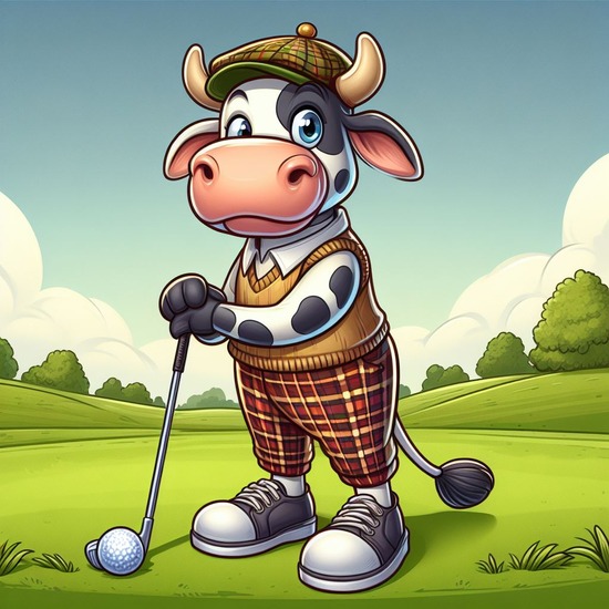 A cartoon cow dressed in plaid plants holding a golf club.