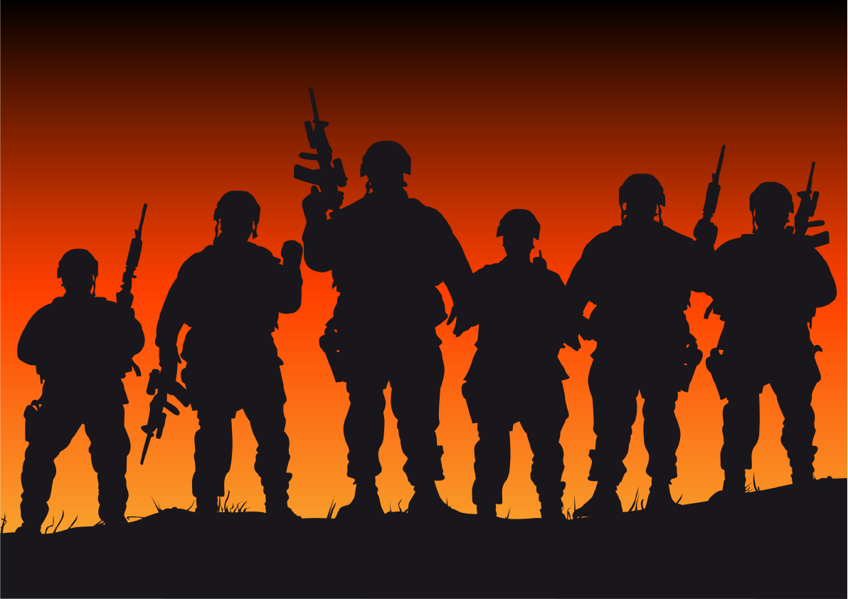 Silhouettes of soldiers on an orange and yellow background.