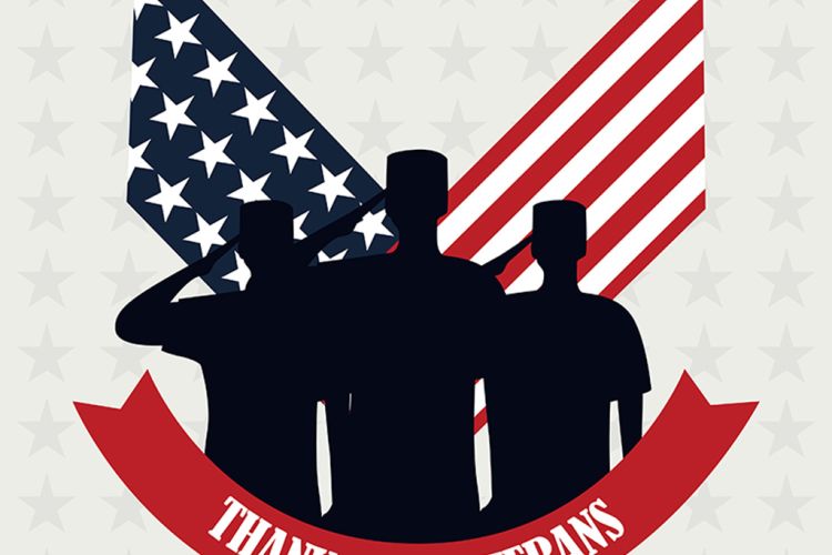 A vector image with an American flag made into a "V" shape with silhouttes of soldiers saluting. It reads, "Thank you Veterans."