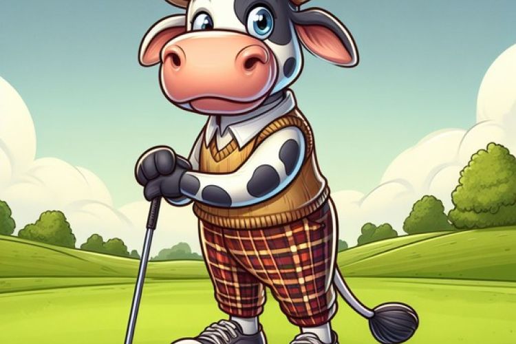 A cartoon cow dressed in plaid plants holding a golf club.