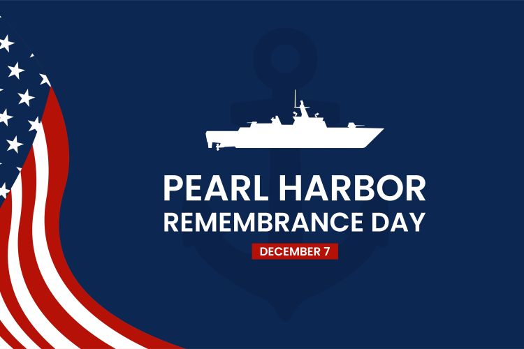 An image with a blue background and a waving American Flag on the left edge. The shape of a battleship in white with the words, "Pearl Harbor Remembrance Day" is written in the center.