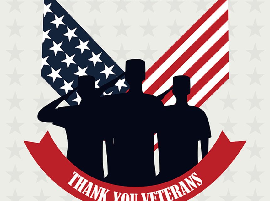A vector image with an American flag made into a "V" shape with silhouttes of soldiers saluting. It reads, "Thank you Veterans."